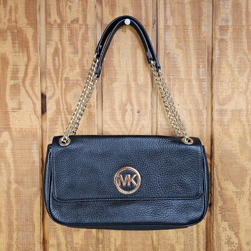 Michael Kors Fulton Flap Black Pebbled Small Leather Shoulder Bag Purse